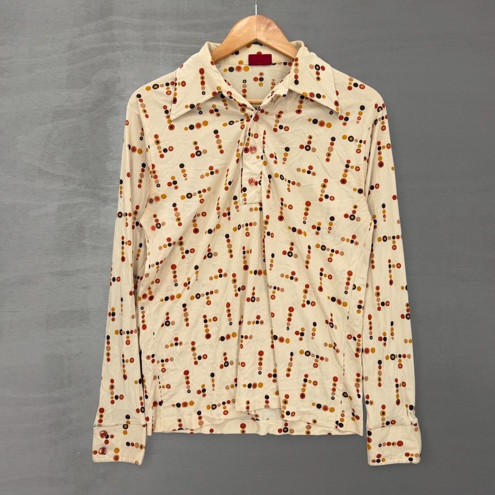 Vintage Kings Road Sears Polo Shirt Cream 70s Geometric Dot Print Women's Medium
